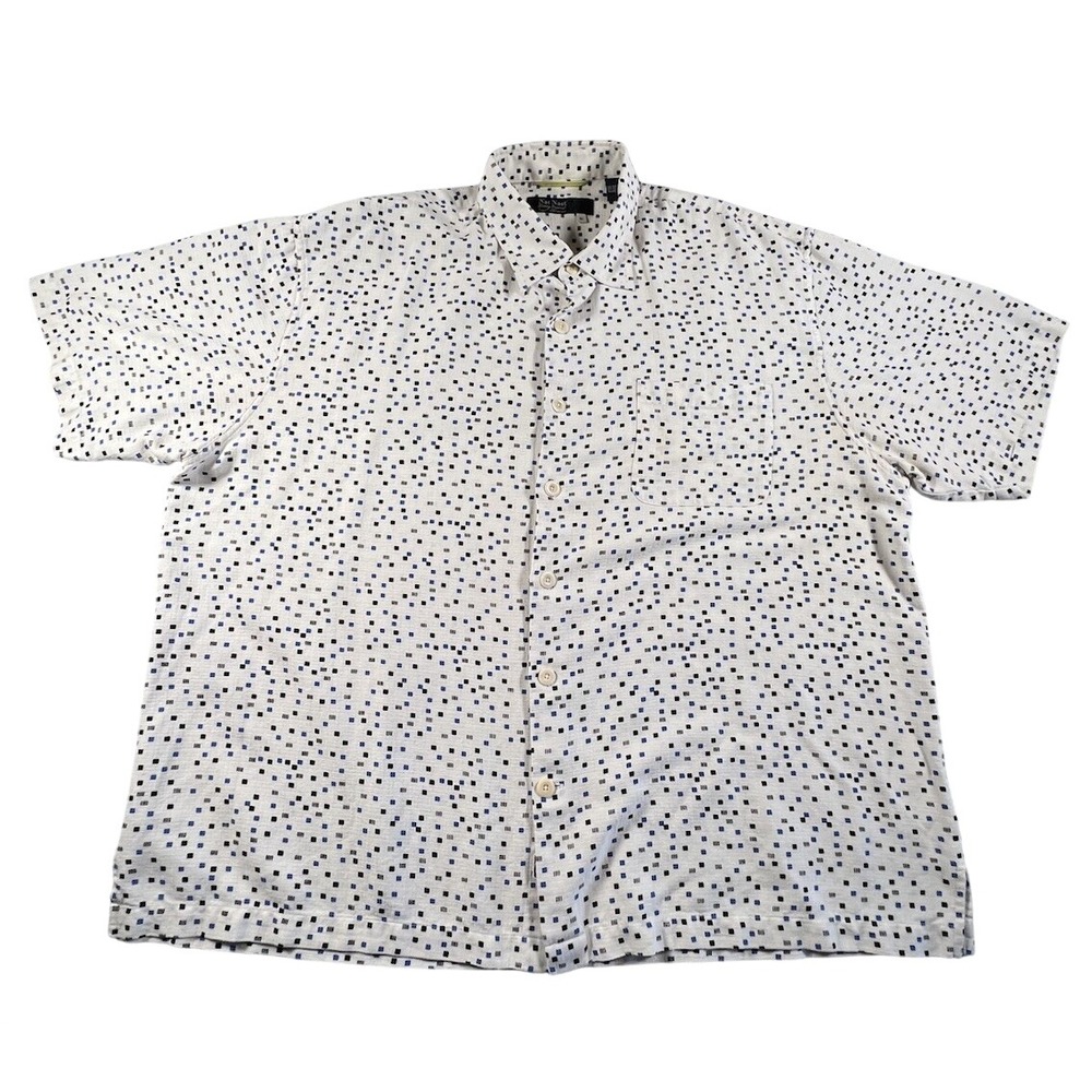 Nat Nast Mens Shirt XL White Silk Cotton Short Sleeve Camp Shirt Button Front